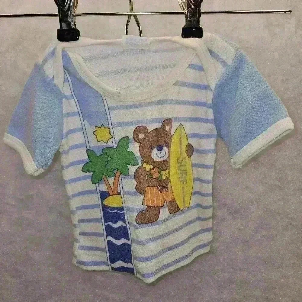 0-6mo TShirt With Surfing Bear Blue‎ White Vintage Kids Dolls Or Stuffed Animals